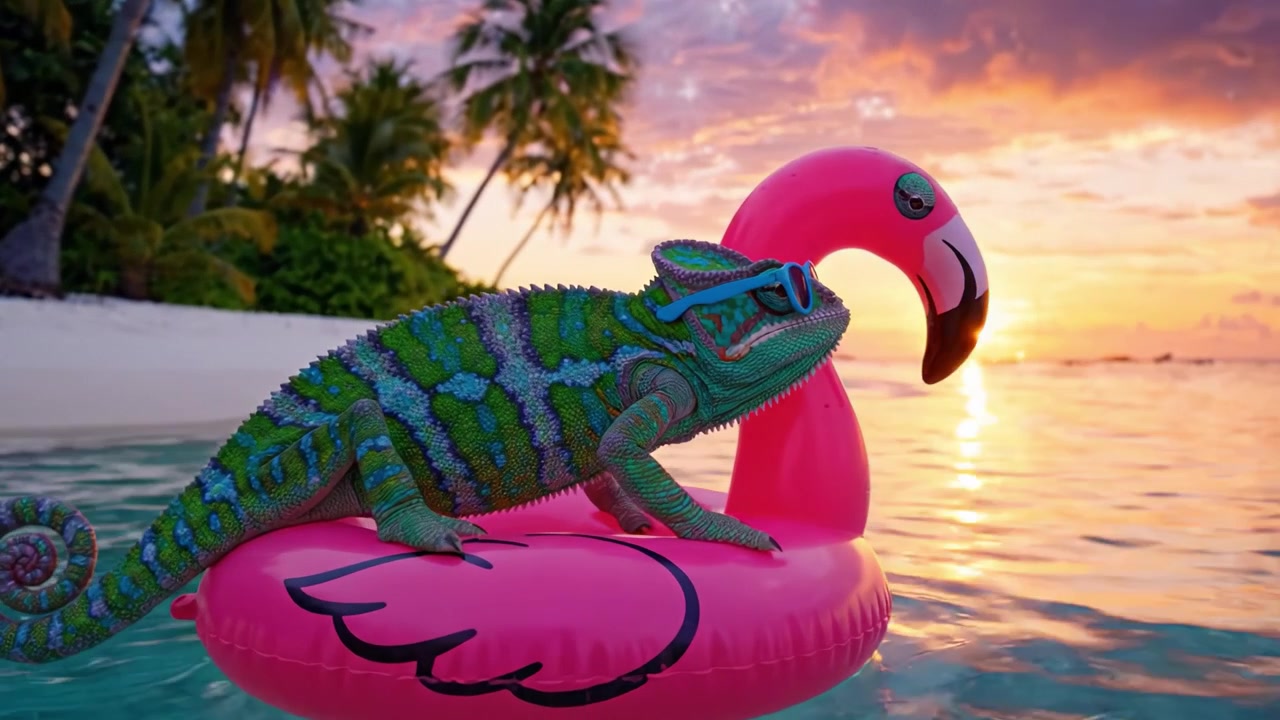 A Colorful Chameleon Dressed in Sunglasses Enjoys a Relaxing Sunset on a Flamingo Pool Float Surrounded by Tropical Paradise and Vibrant Scenery