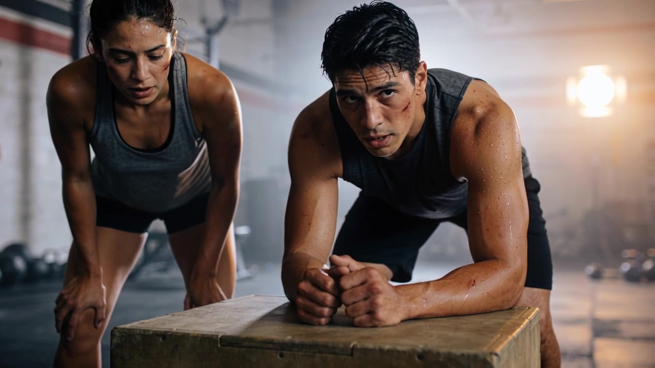 Pausing after set, pair resting at gym, male entering plank on wooden plyo box in tanks