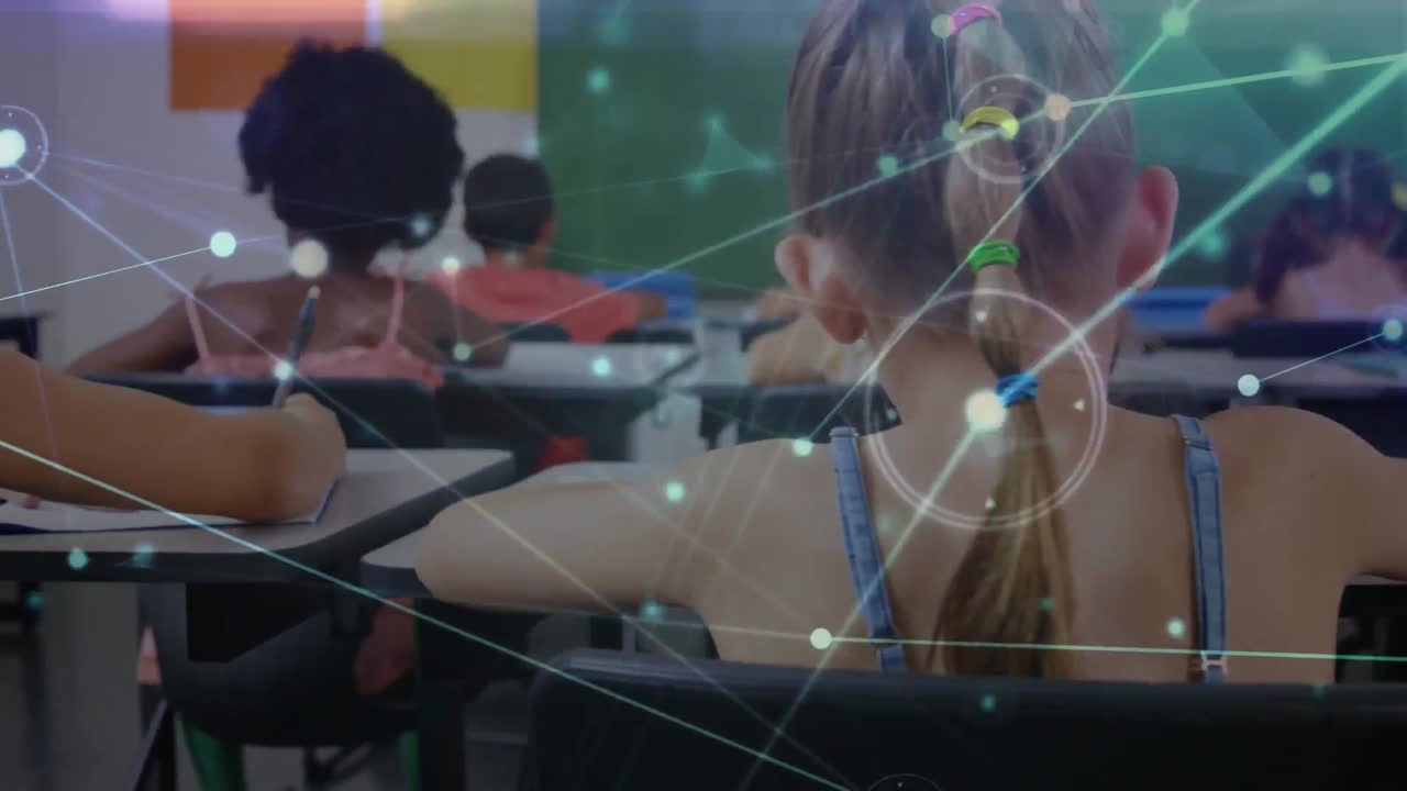 교실에 앉아있는 학교 학생들을 통해 연결 네트워크의 애니메이션