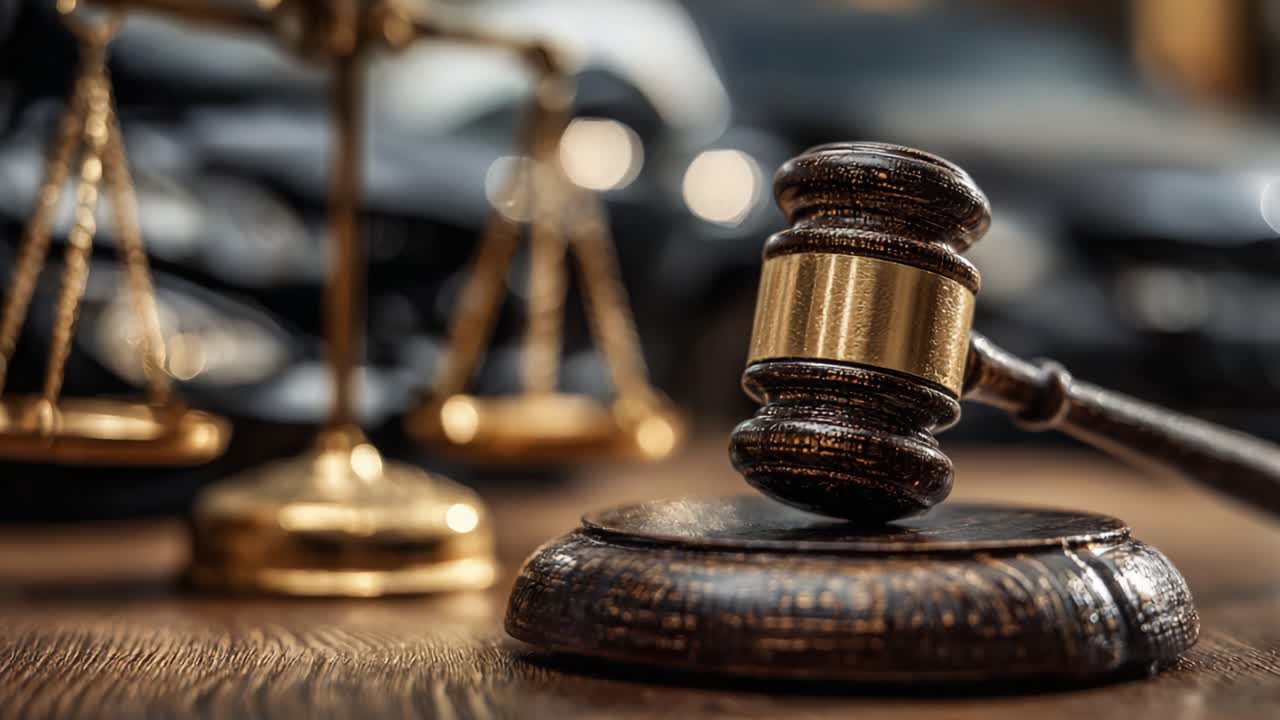 Vista ravvicinata di un martelletto legale e della bilancia della giustizia, che simboleggiano i principi della legge, dell'equità e del sistema giudiziario in azione