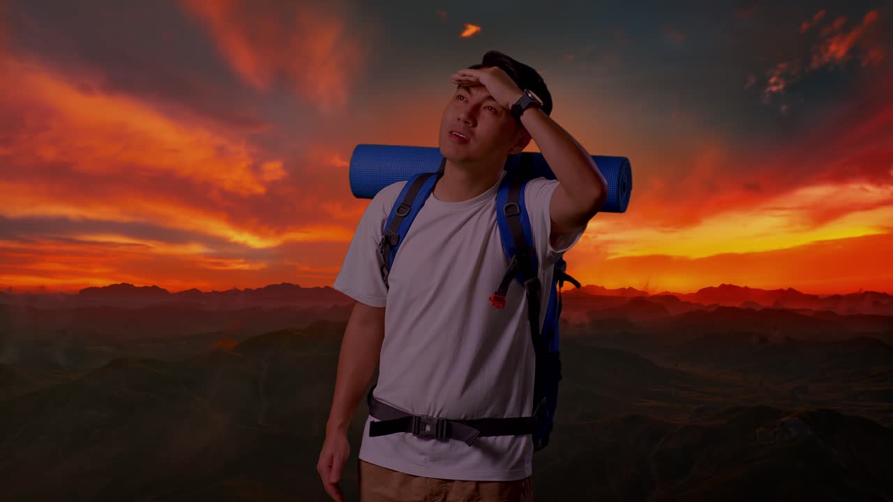 hombre caminando por las montañas al amanecer o al atardecer