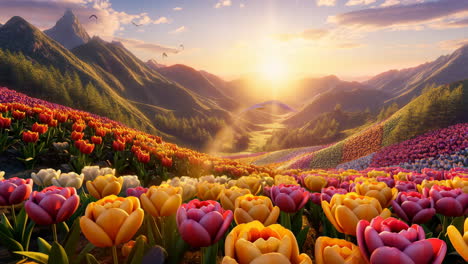 a vibrant tulip field in a mountainous valley at sunset