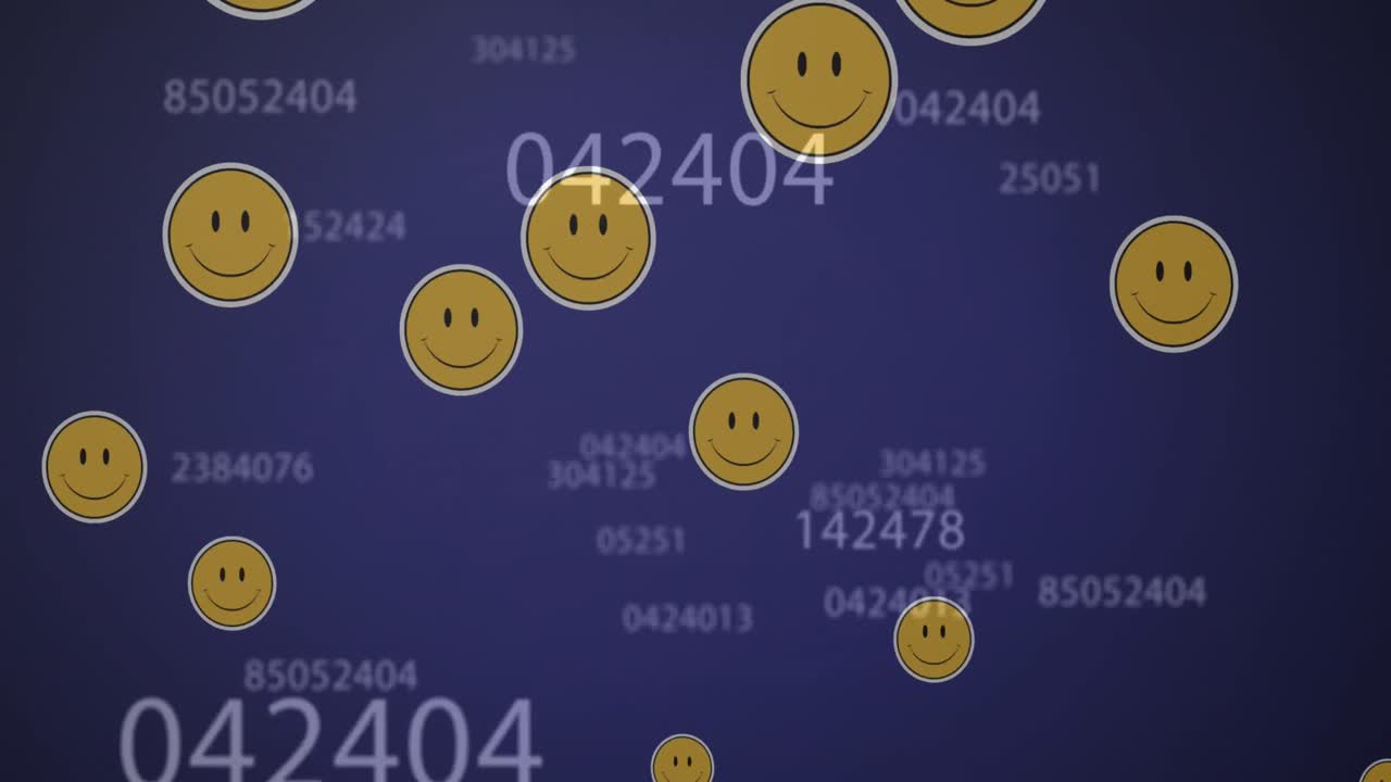 파란색 배경 에 변화 하는 숫자 와 미소 짓는 이모티콘 의 애니메이션