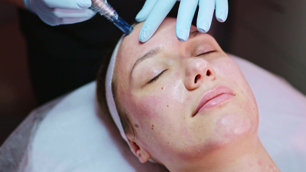 Donna riceve un trattamento viso in una spa di sera durante una sessione di cura della pelle con una professionista