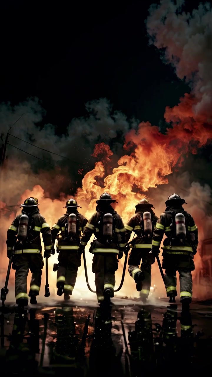 Group of Firefighters Walking Toward a Large Fire