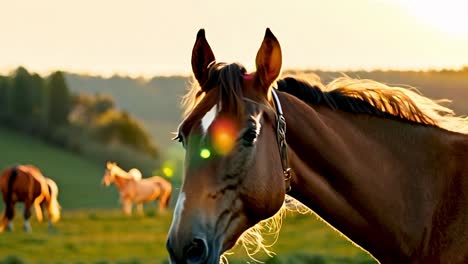 close-up of a brown horse in a field at sunset