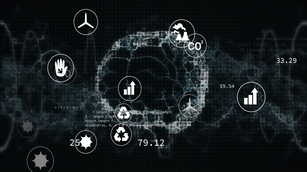 Fragmented brain network floating in grid interface, showing sustainability icons and code snippets