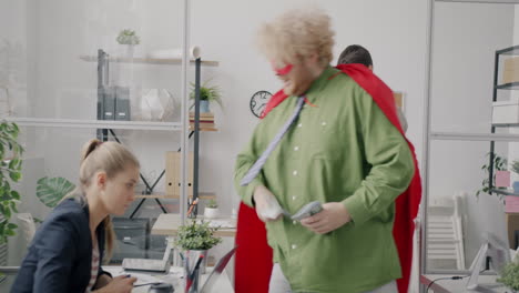 superhero and businessman clash in the office