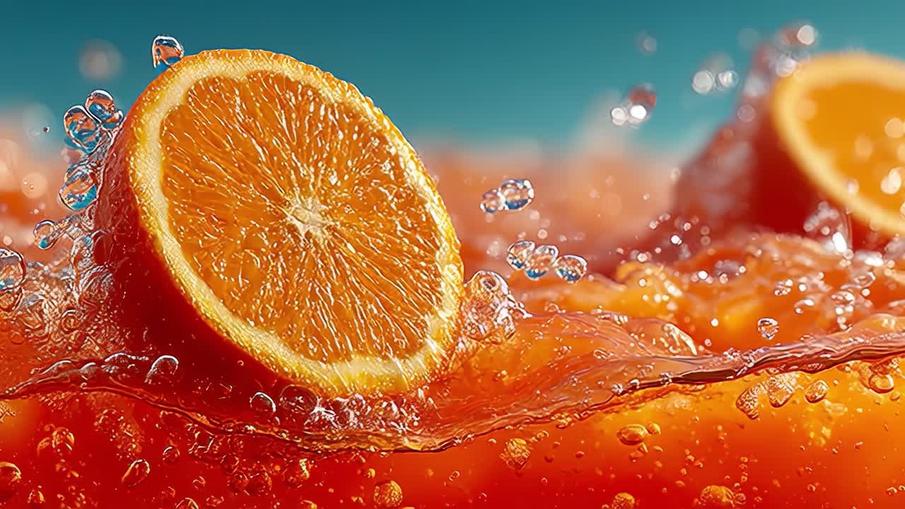 Orange slices splashing into refreshing orange juice