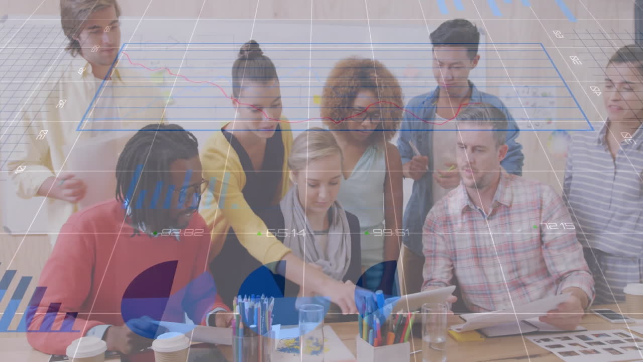 Diverse team collaborating at table with financial data processing animation overlay