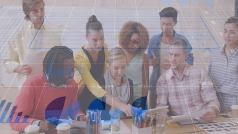 diverse team collaborating at table with financial data processing animation overlay