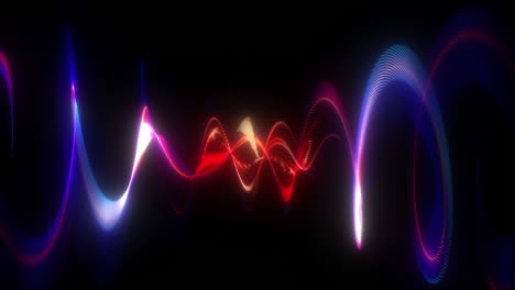 4k geometría abstracta brillo multicolor rojo azul puntos onda girar movimiento bucle sin costuras en fondo negro. líneas de puntos brillantes que fluyen red abstracta giratoria. fondo de negocios de ciencia ficción futurista loopable.
