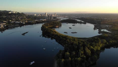 aerial shot high above willamette river at sunrise, portland oregon