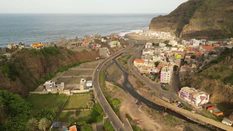 santo antao, cape verde, africa - a complete panorama of the town of ribeira grande - aerial drone shot