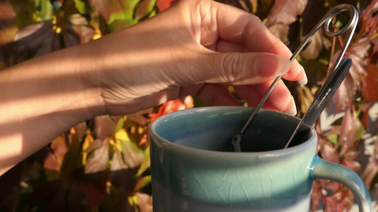 Preparazione del tè con filtro per il tè, con foglie autunnali colorate sullo sfondo, primo piano.
