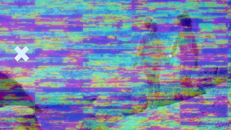 Colorful animation with abstract patterns and white X shapes overlaying scene