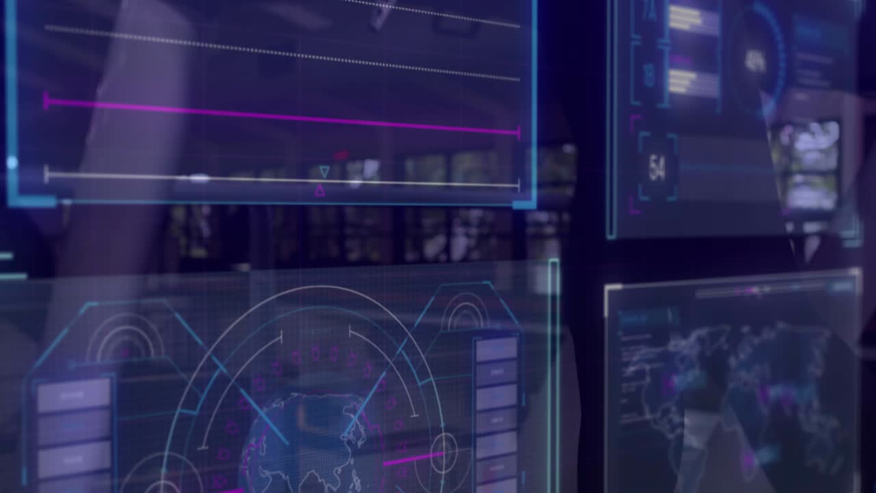 animación de una interfaz brillante que procesa datos sobre una mujer sonriente en una cinta de correr