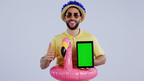 Green-screen,-tablet-and-funny-man-thumbs-up-sign