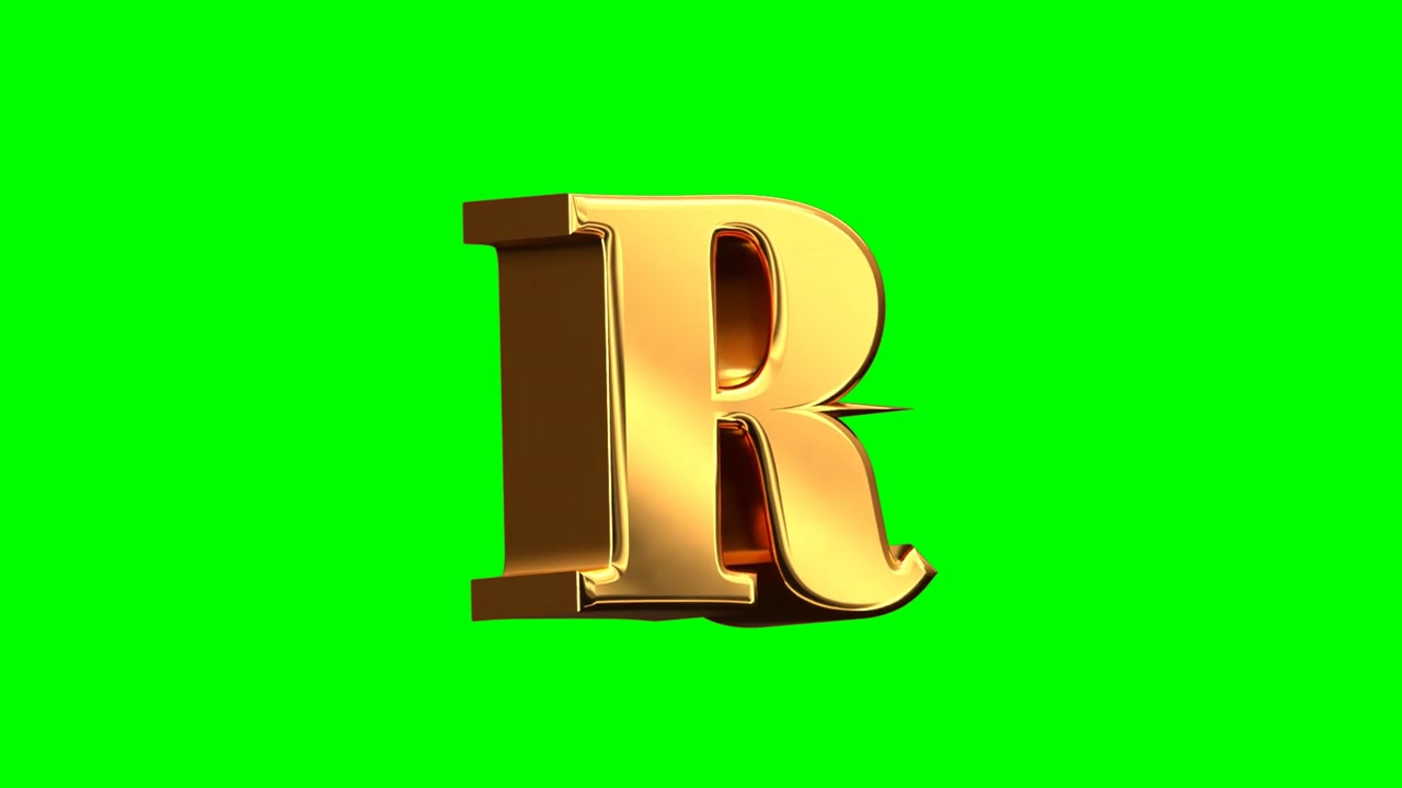 3D Golden Letter R Rotating on Green Screen