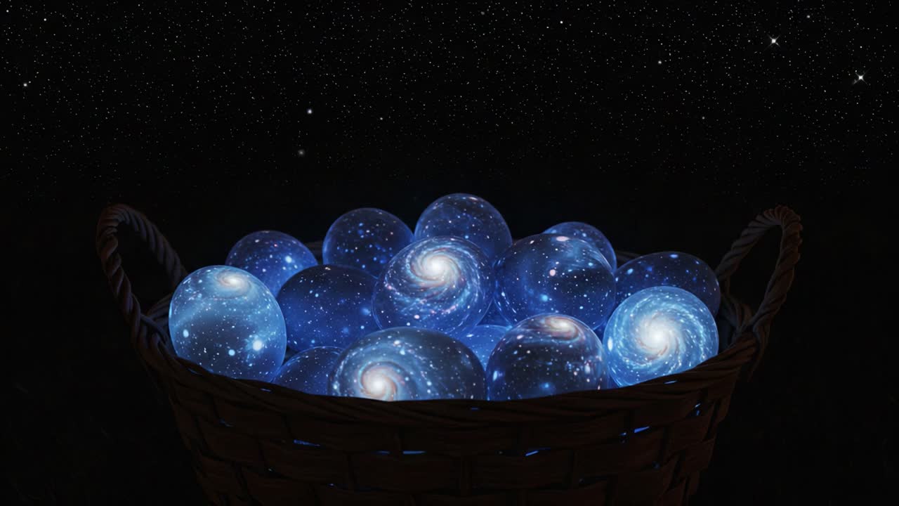 A Mystical Basket of Cosmic Spheres: Enigmatic Orbs Capturing the Beauty of the Universe, Filled with Spiraling Galaxies and Endless Possibilities in a Starry Environment