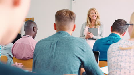 una tutora universitaria con una tableta digital enseña a estudiantes maduros