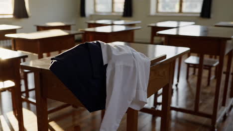 empty classroom with clothes on desk