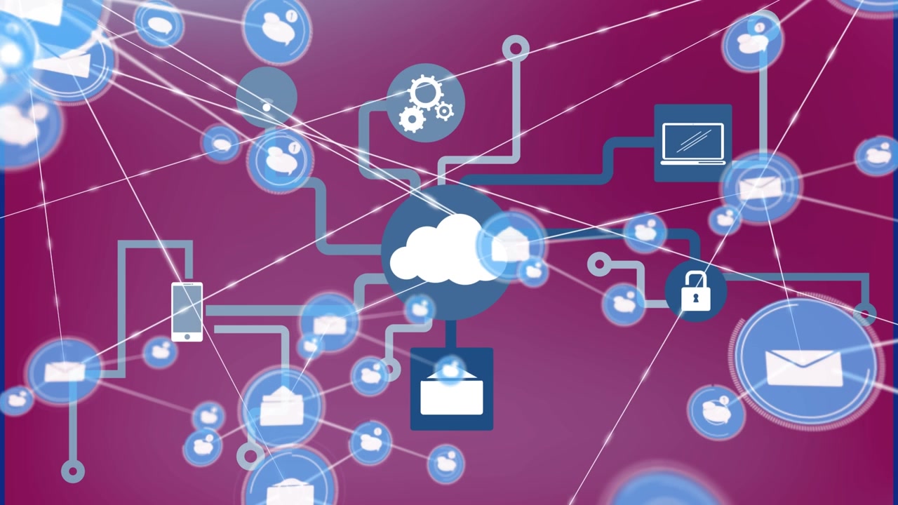 Animation of network of connections with people icons over digital cloud icon