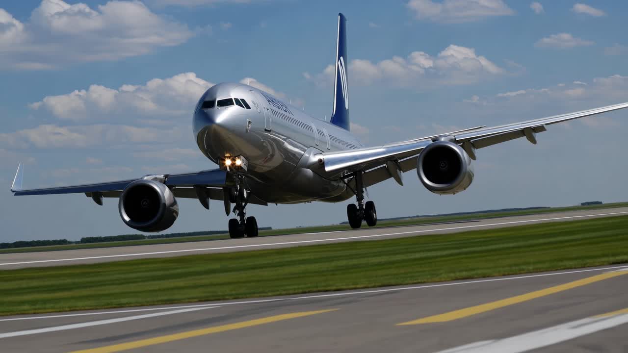 A low-angle shot of a plane landing on a runway, capturing the dynamic motion