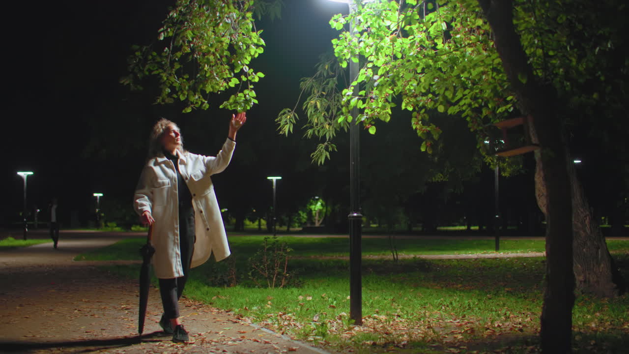 Woman leisurely walks through serene open park at night touching tree branch under glowing streetlight while holding umbrella, another person approaching from distance