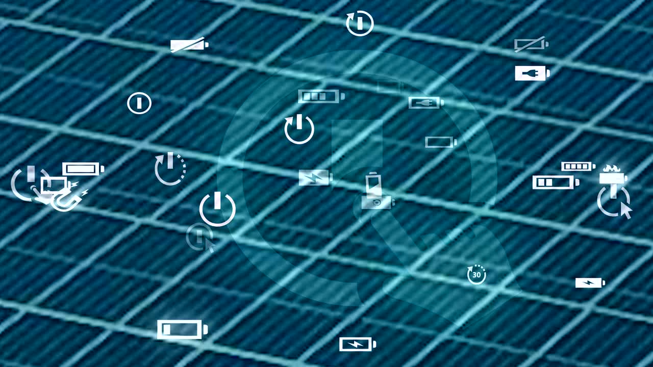 미래 지향적인 그래픽 오버레이가 있는 넓은 태양 전지 패널의 가까운 보기