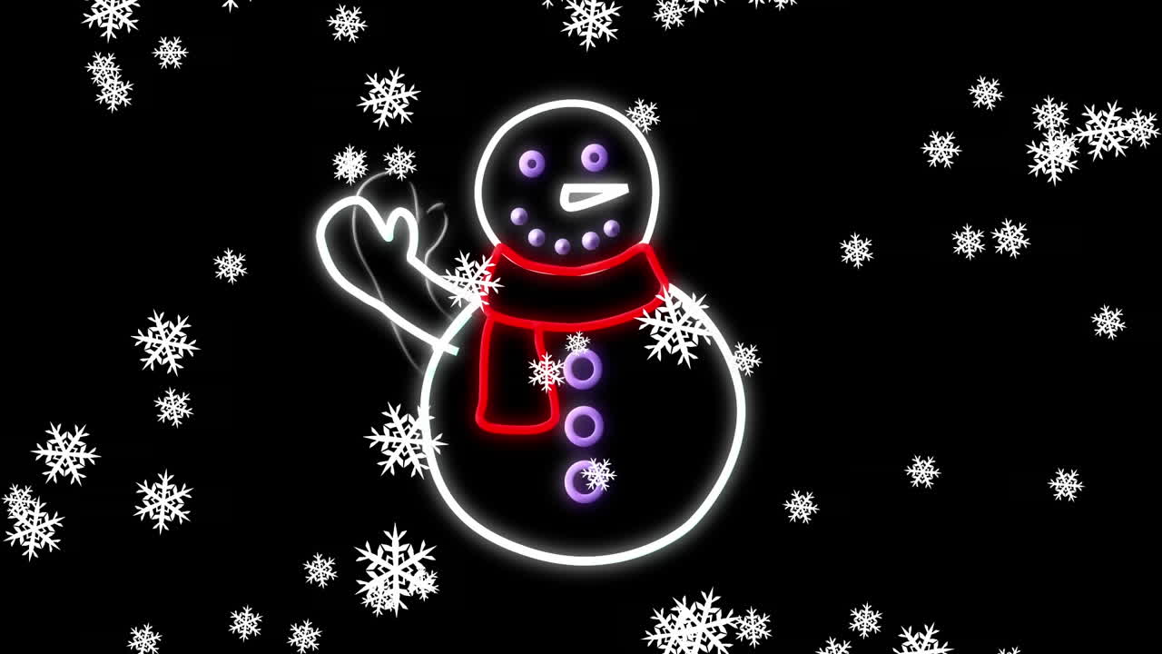 검은 바탕에 크리스마스 네온 장식 위에 내리는 눈의 애니메이션