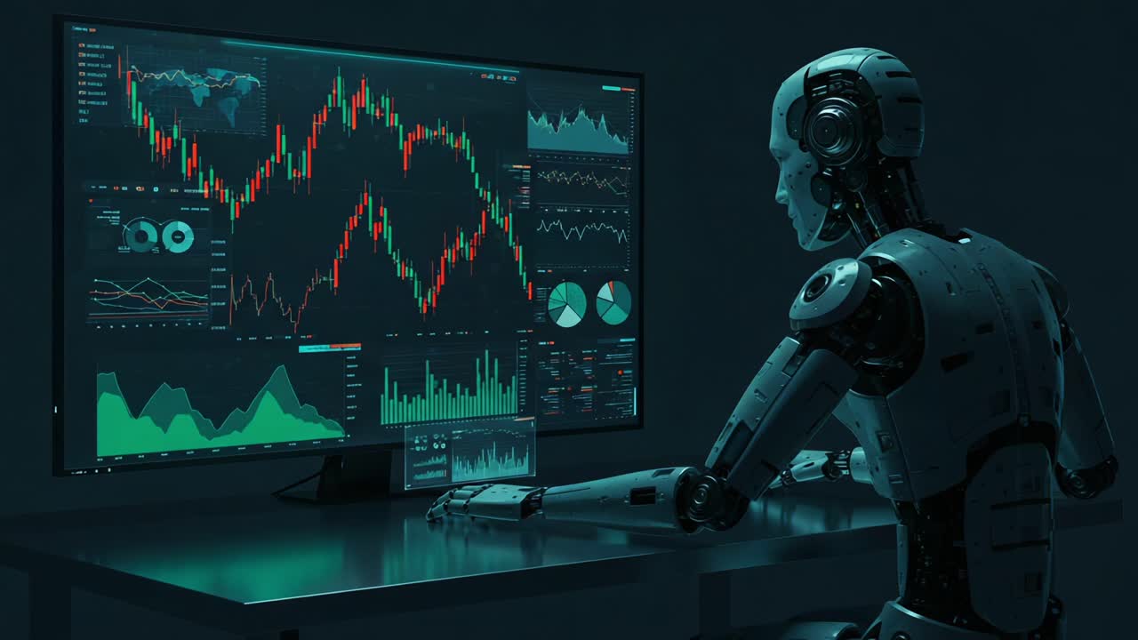 Advanced AI Trading System: A Robot Analyzes Financial Market Data and Charts on Multiple Screens in a Dark Environment, Enhancing Algorithmic Decision-Making