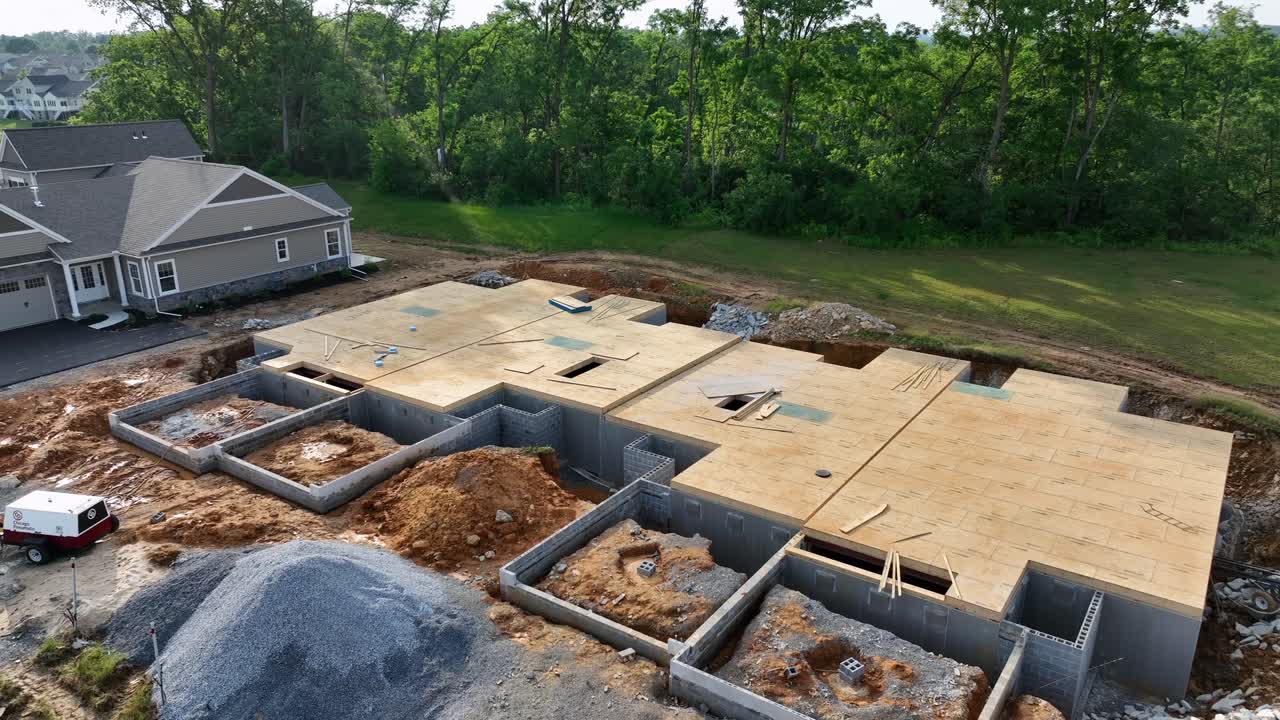 Framing work or house with basement and floor slab in American neighborhood. Aerial view. Large property with green trees in suburb. Orbit