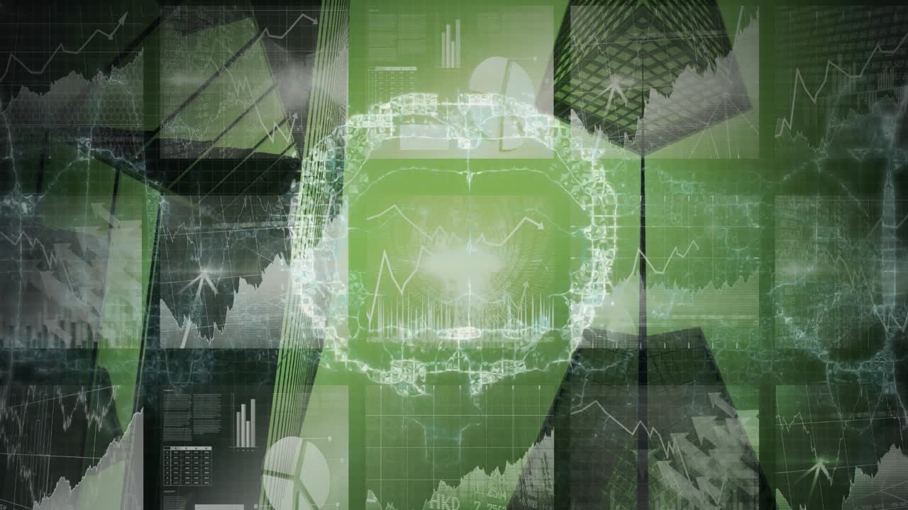 Animation of human brain and retro human body over business people in office