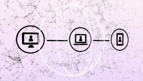 animation of connected digital communication media icons with spinning rings and network, on lilac