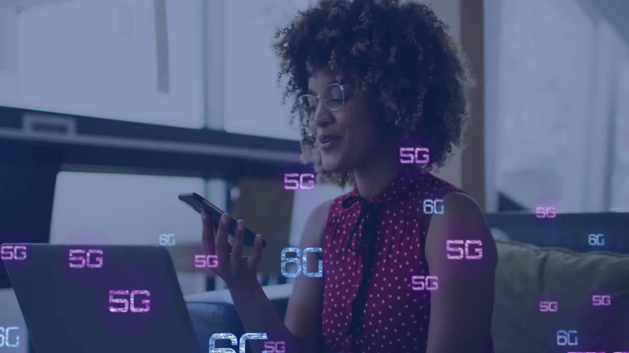 Animation of 6g texts over african american woman using smartphone