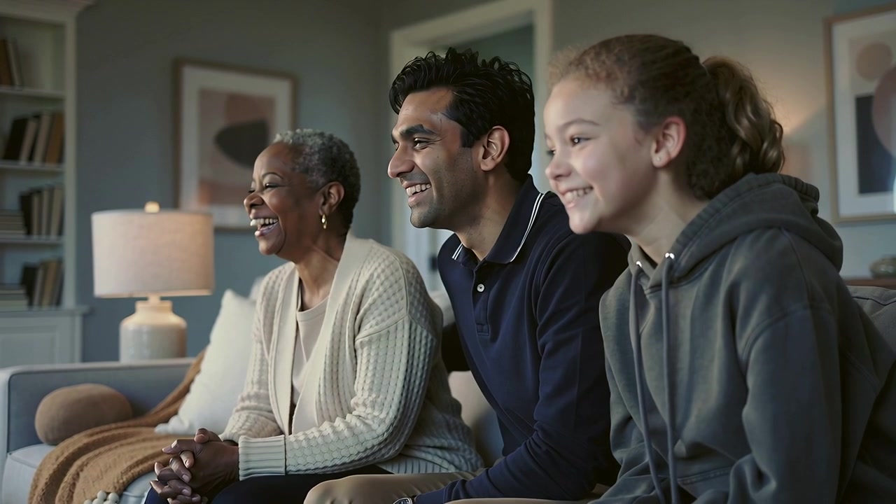 Laughing three generation family leaning forward, reacting to off-camera sound on sofa with lamp