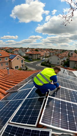 worker installing solar panels on a residential rooftop