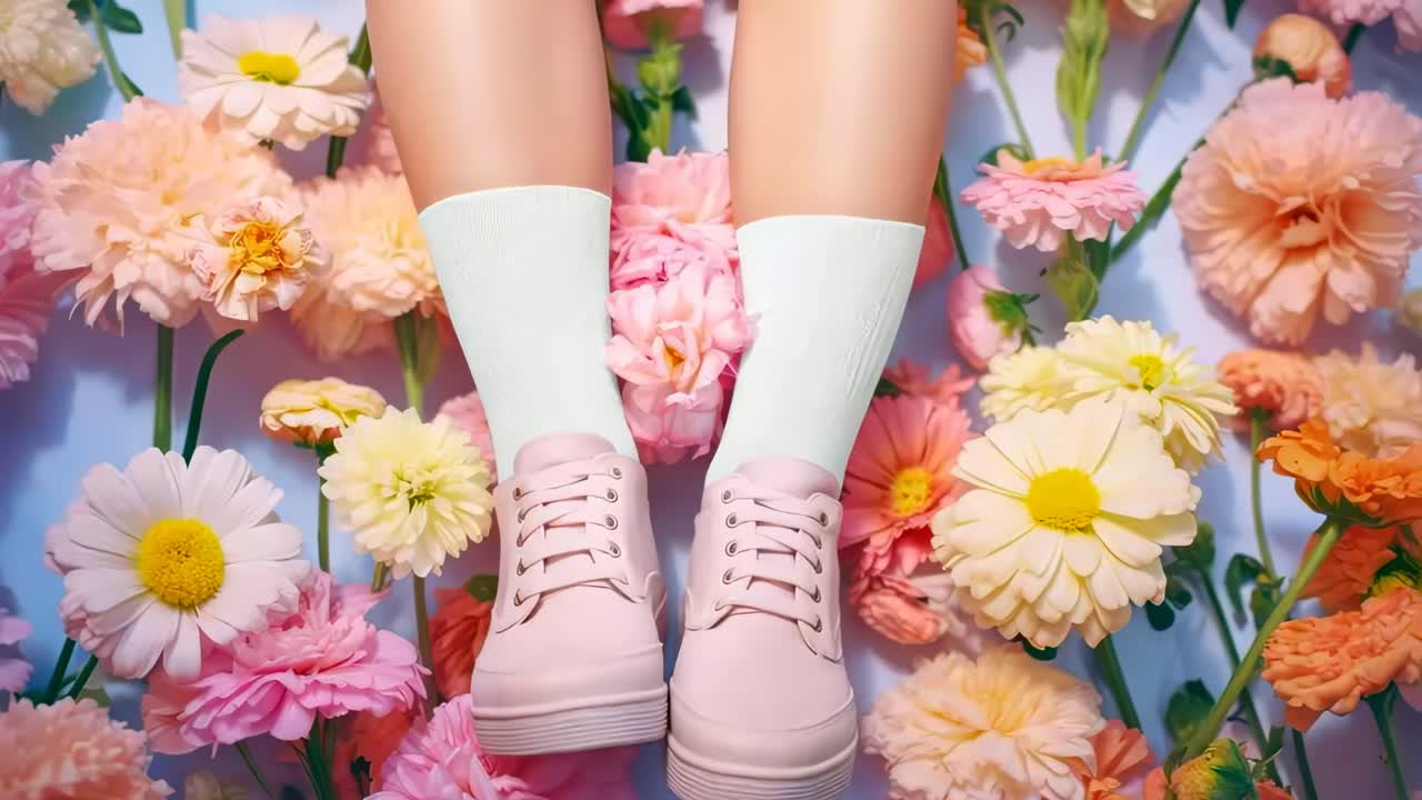 A top-down video shot of pastel sneakers and socks surrounded by vibrant flowers