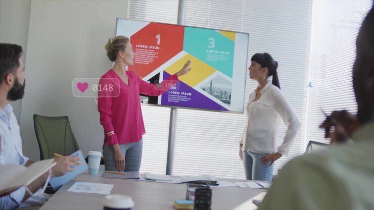 Presenter stepping before screen, pointing segments, causing social icons rising business metrics