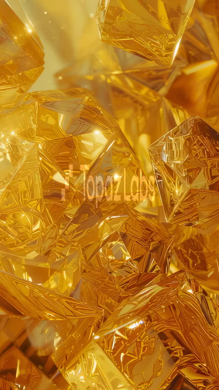 Vertical video: Gold gems rotating and drifting after camera move in studio, showing TopazLabs logo