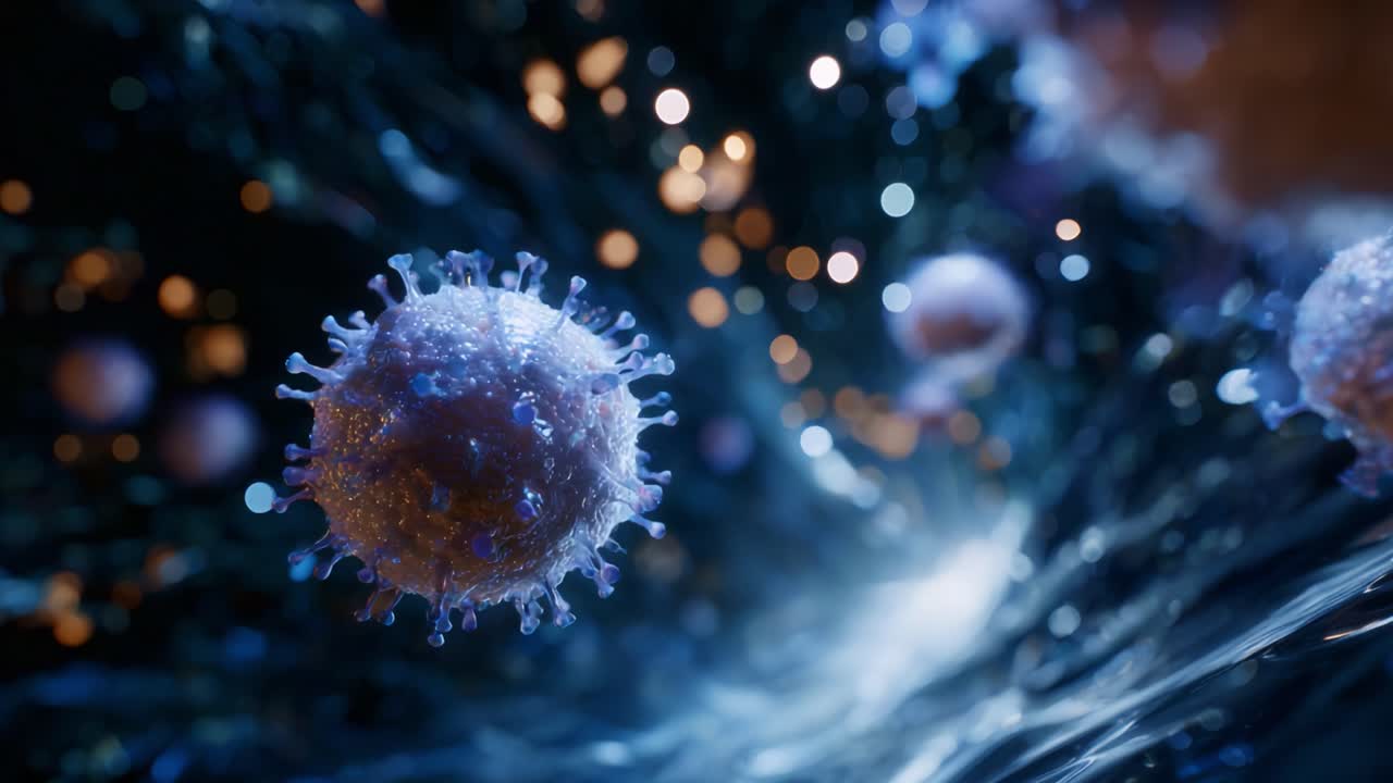 A Virus Observed in Amazing Detail: Stunning Visual Representation of Microbial Elements in Dark Scientific Environment with Enhanced Colorful Lighting Effects