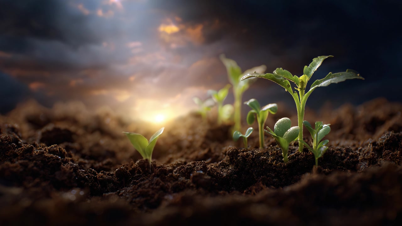 La progressione della vita: catturando l'emergere di giovani piante da terreno scuro sotto un cielo drammatico all'alba, che significa speranza e nuovi inizi.