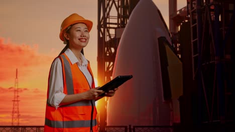 side view of asian female engineer with safety helmet looking at the tablet in her hand and looking around while standing with space shuttle, sunset time