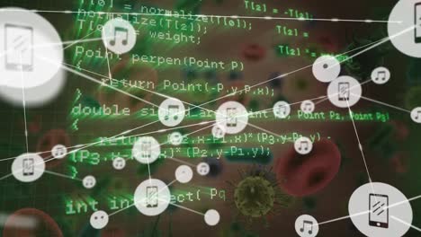 network of digital icons and data processing against covid-19 cell and blood vessels