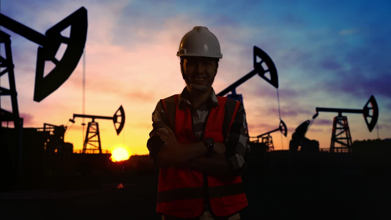 trabajador de la plataforma petrolera al atardecer