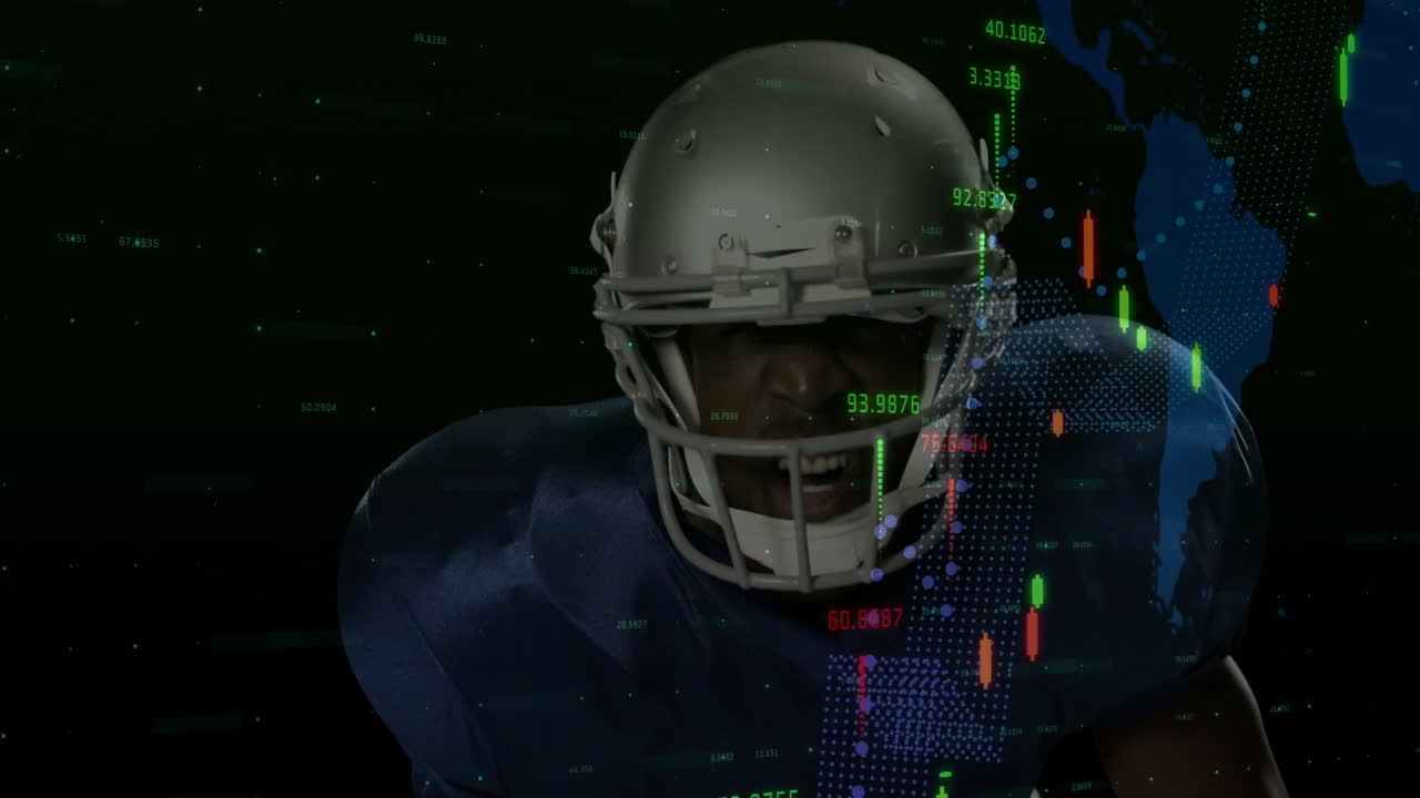 Giocatore di football americano con casco che analizza dati finanziari e animazione di una mappa del mondo