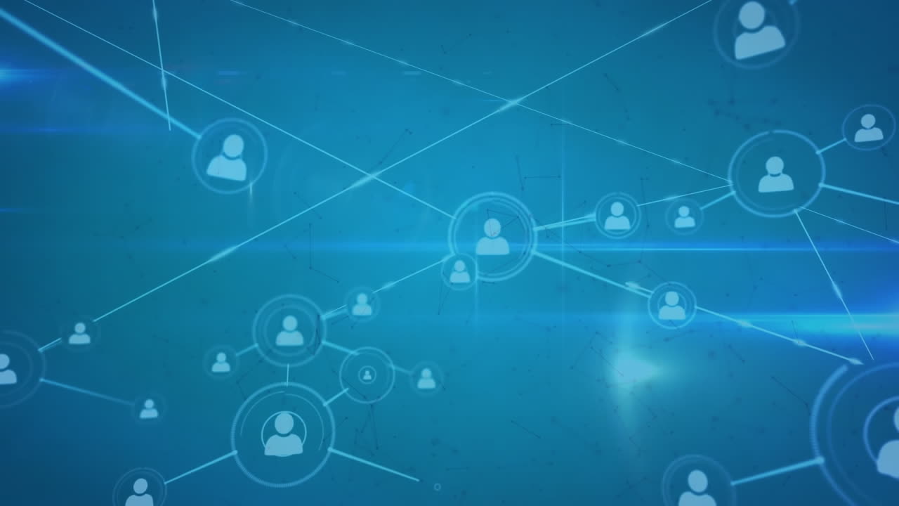 animación de la red de conexiones con iconos sobre senderos de luz sobre fondo azul