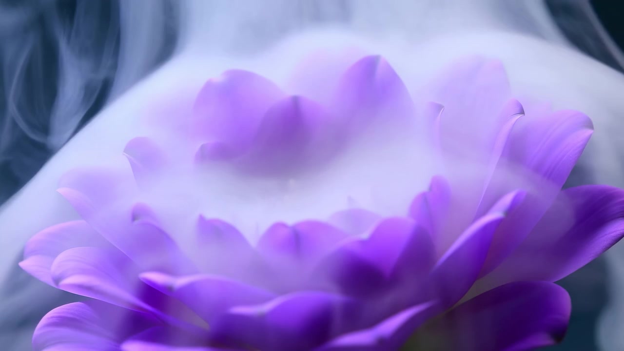 Time-lapse di un fiore viola in piena fioritura, su sfondo scuro con effetto fumo, con fiore viola, da una prospettiva ravvicinata, con accenti viola e bianchi, e un'atmosfera mistica e serena