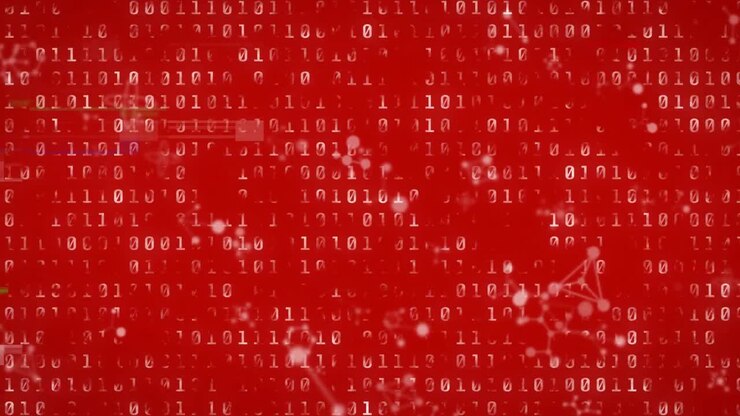 Animation of binary coding and data processing over red background